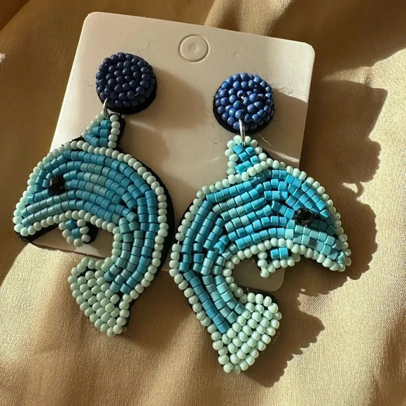 Anthropologie Blue Dolphin Ocean Blue Beaded Earrings - Picture 6 of 8